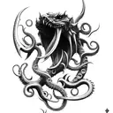 big sharp blade axe with claws, tentacles and fangs tattoo design idea