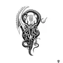 an axe with tentacles teeth claws and Cthulhu  tattoo design idea
