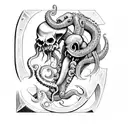 axe with teeth, claws, tentacles and Cthulhu skull tattoo design idea