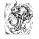 axe with teeth, claws, tentacles and Cthulhu skull tattoo design idea