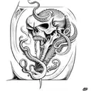 axe with teeth, claws, tentacles and Cthulhu skull tattoo design idea