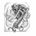 axe with claws, tentacle and teeth tattoo design idea