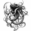 big sharp blade axe with claws, tentacles and fangs tattoo design idea