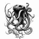 big sharp blade axe with claws, tentacles and fangs tattoo design idea