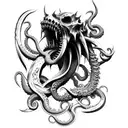 big sharp blade axe with claws, tentacles and fangs tattoo design idea