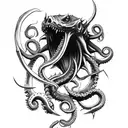 big sharp blade axe with claws, tentacles and fangs tattoo design idea