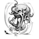 axe with teeth, claws, tentacles and Cthulhu skull tattoo design idea