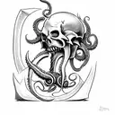 axe with teeth, claws, tentacles and Cthulhu skull tattoo design idea