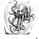 axe with teeth, claws, tentacles and Cthulhu skull tattoo design idea