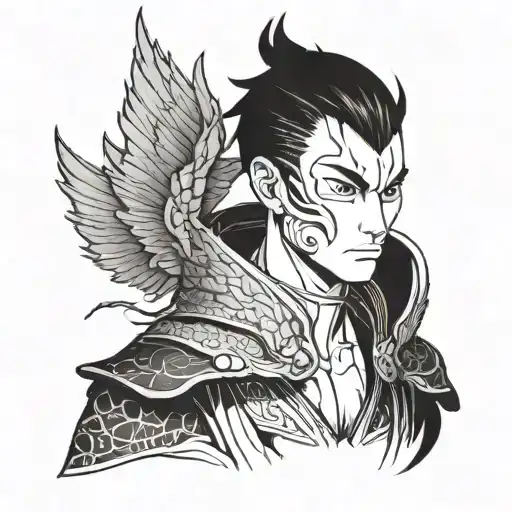 A stylized portrait of Zuko from Avatar with dragon wings tattoo design idea
