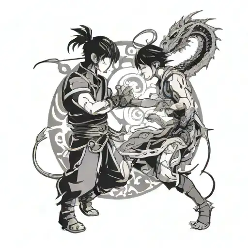 A dynamic scene of Zuko facing off against a dragon in an anime-inspired style tattoo design idea