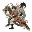 A dynamic scene of Zuko facing off against a dragon in an anime-inspired style tattoo design idea