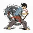 A dynamic scene of Zuko facing off against a dragon in an anime-inspired style tattoo design idea