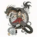 A dynamic scene of Zuko facing off against a dragon in an anime-inspired style tattoo design idea