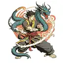 A dynamic scene of Zuko facing off against a dragon in an anime-inspired style tattoo design idea