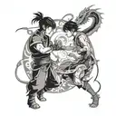 A dynamic scene of Zuko facing off against a dragon in an anime-inspired style tattoo design idea