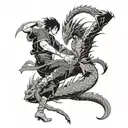 A dynamic scene of Zuko facing off against a dragon in an anime-inspired style tattoo design idea