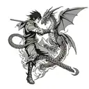 A dynamic scene of Zuko facing off against a dragon in an anime-inspired style tattoo design idea