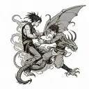 A dynamic scene of Zuko facing off against a dragon in an anime-inspired style tattoo design idea