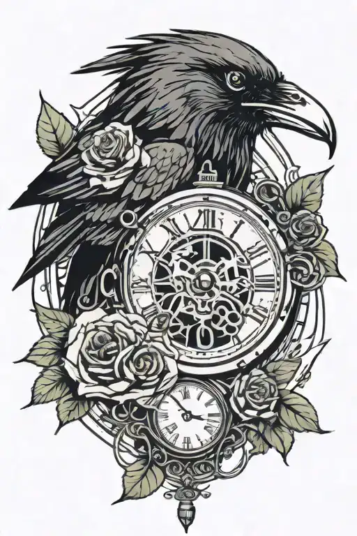 unraveling Raven holding a broken pocket watch in its mouth surrounded by roses and a banner  tattoo design idea