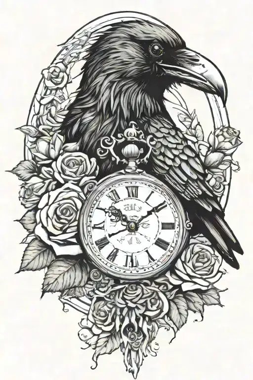 unraveling Raven holding a broken pocket watch in its mouth surrounded by roses and a banner  tattoo design idea