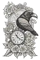 unraveling Raven holding a broken pocket watch in its mouth surrounded by roses and a banner  tattoo design idea