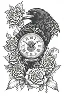 unraveling Raven holding a broken pocket watch in its mouth surrounded by roses and a banner  tattoo design idea