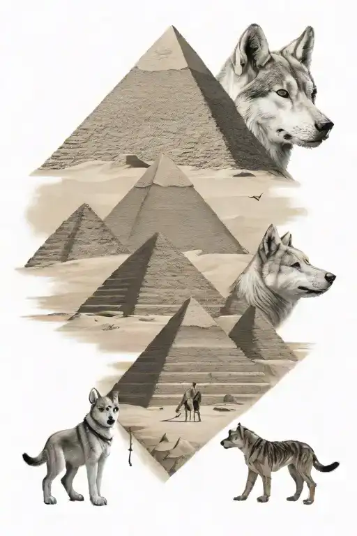 the pyramids of Giza with the sphinx, intertwined with family and my husky tattoo design idea
