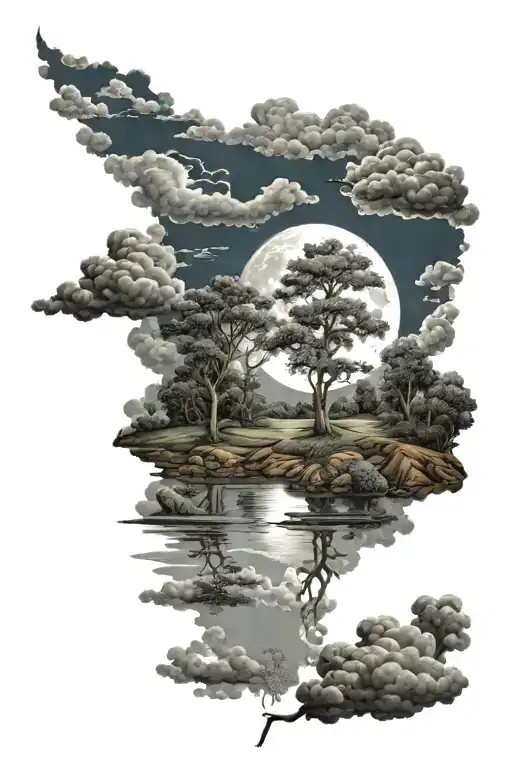 river trees moon clouds surrounding tattoo design idea