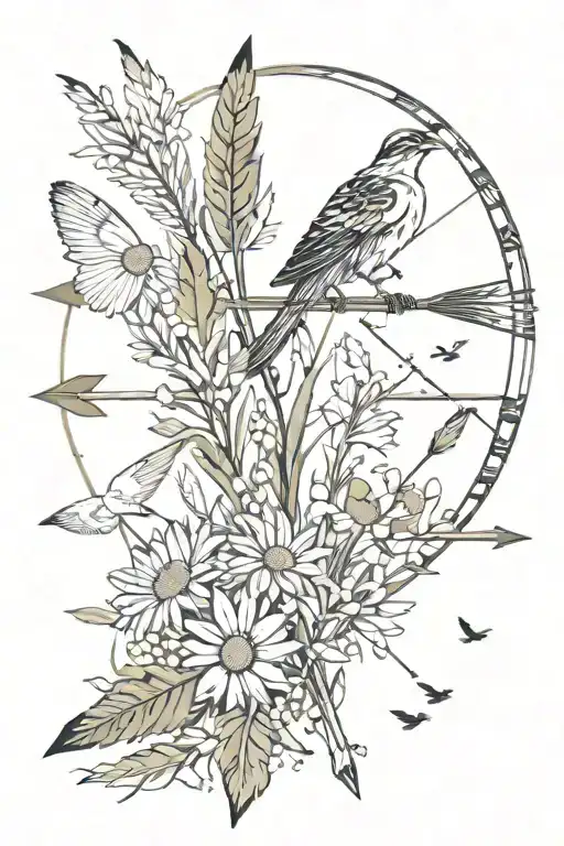 Native American arrow with daisies and birds flying around point  tattoo design idea
