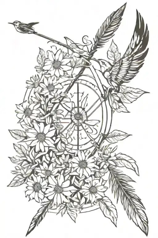 Native American arrow with daisies and birds flying around point  tattoo design idea