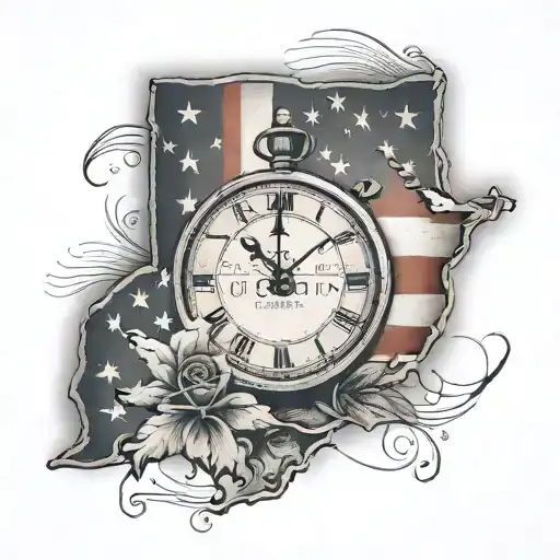 Tennessee state outline, Clock face, American flag tattoo design idea