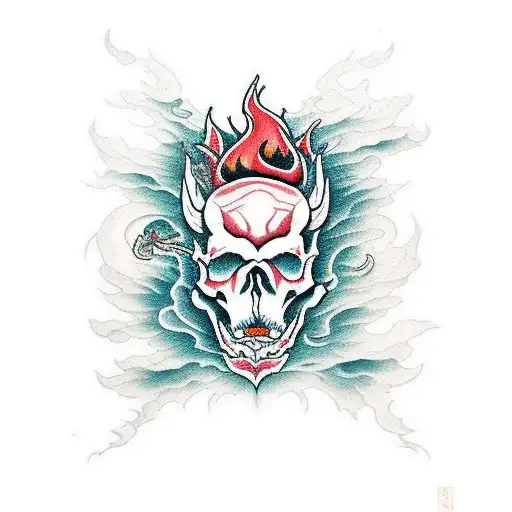 dragon skull fire flower tattoo design idea