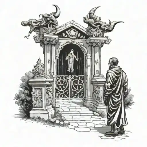  man wearing ancient clothes looking at the gate of a cemetery with demon ghosts representing human emotions, joy, sadne tattoo design idea