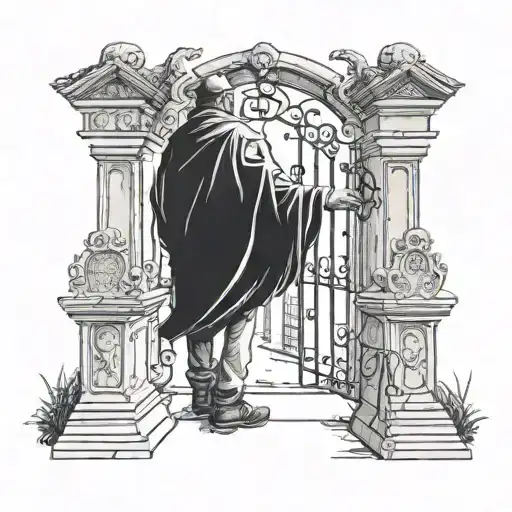  man wearing old clothes looking at the gate of a cemetery with demon ghosts representing human emotions, joy, sadne tattoo design idea