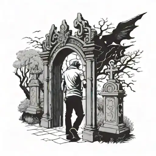  man looking at the gate of a cemetery with demon ghosts representing human emotions, joy, sadness, despair tattoo design idea