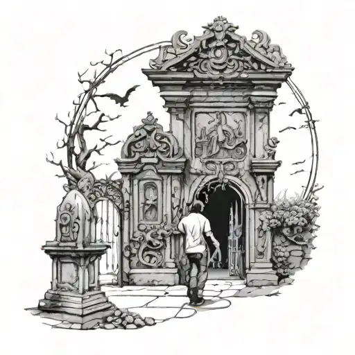 man looking at the gate of a cemetery with demon ghosts representing human emotions, joy, sadness, despair tattoo design idea