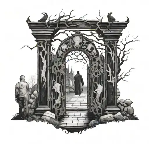  man looking at the gate of a cemetery with demon ghosts representing human emotions, joy, sadness, despair tattoo design idea