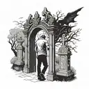  man looking at the gate of a cemetery with demon ghosts representing human emotions, joy, sadness, despair tattoo design idea