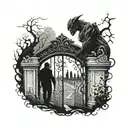  man looking at the gate of a cemetery with demon ghosts representing human emotions, joy, sadness, despair tattoo design idea