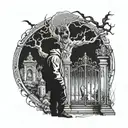 man looking at the gate of a cemetery with demon ghosts representing human emotions, joy, sadness, despair tattoo design idea