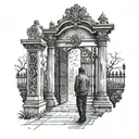  man looking at the gate of a cemetery with demon ghosts representing human emotions, joy, sadness, despair tattoo design idea