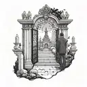  man looking at the gate of a cemetery with demon ghosts representing human emotions, joy, sadness, despair tattoo design idea