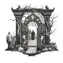  man looking at the gate of a cemetery with demon ghosts representing human emotions, joy, sadness, despair tattoo design idea