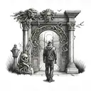  man looking at the gate of a cemetery with demon ghosts representing human emotions, joy, sadness, despair tattoo design idea