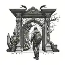  man looking at the gate of a cemetery with demon ghosts representing human emotions, joy, sadness, despair tattoo design idea