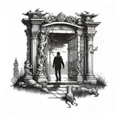  man looking at the gate of a cemetery with demon ghosts representing human emotions, joy, sadness, despair tattoo design idea