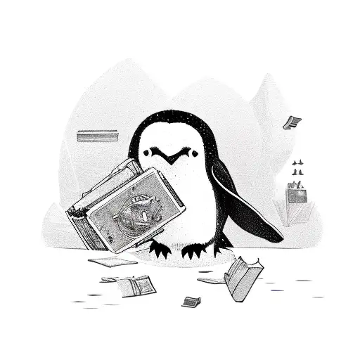 A penguin wearing a traveler's backpack exploring a mystical library filled with ancient books tattoo design idea