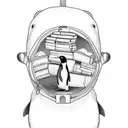 A penguin wearing a traveler's backpack exploring a mystical library filled with ancient books tattoo design idea