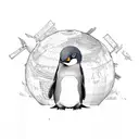 A penguin wearing a traveler's backpack exploring a mystical library filled with ancient books tattoo design idea